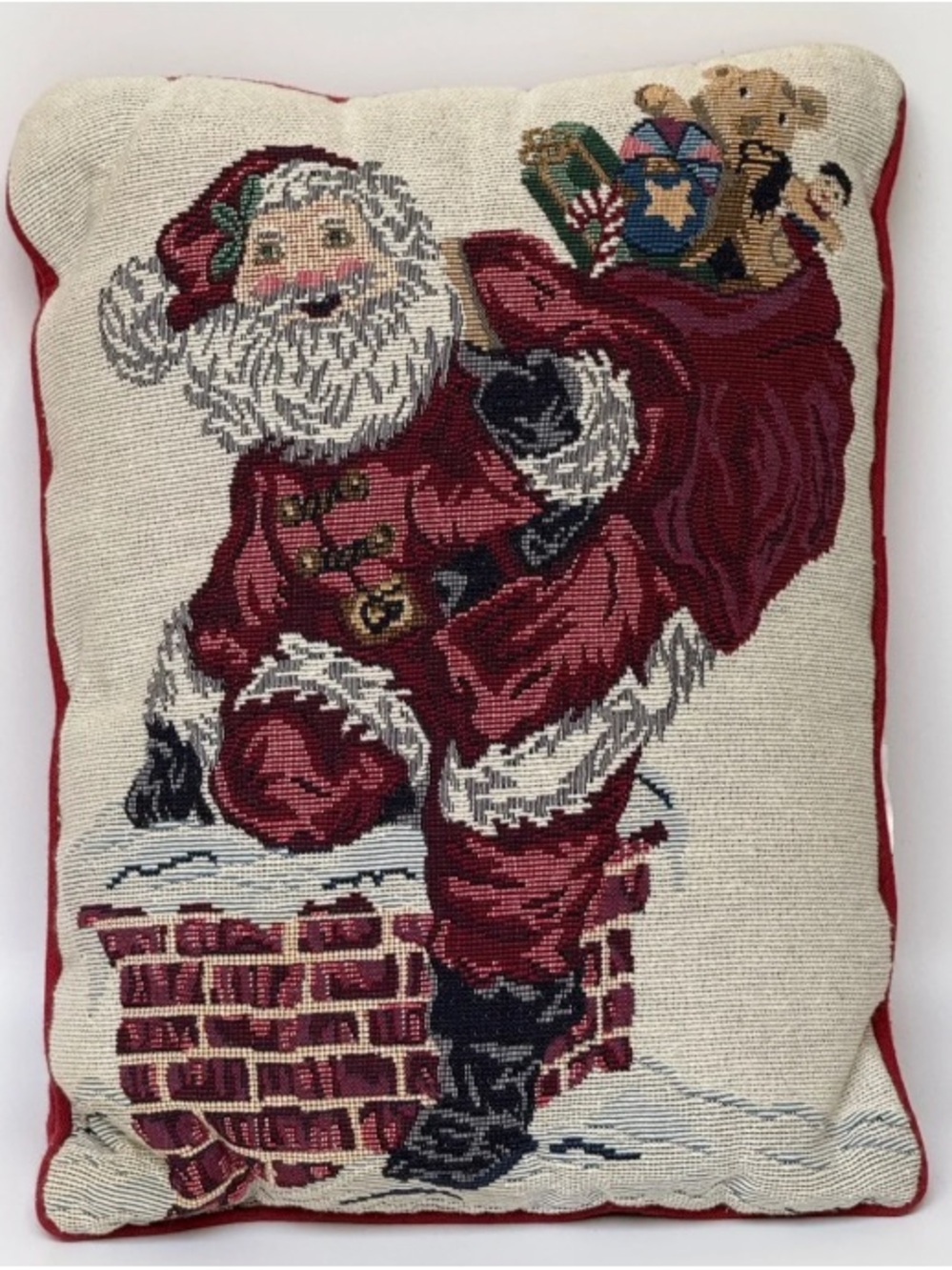 Festive Santa Needlepoint Holiday Pillow - Red and Cream